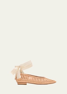 Woven Leather Ankle-Wrap Ballerina Flats