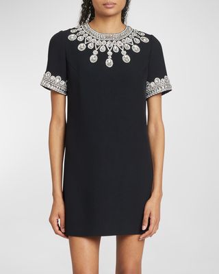 Woven Shift Dress with Crystal Trim