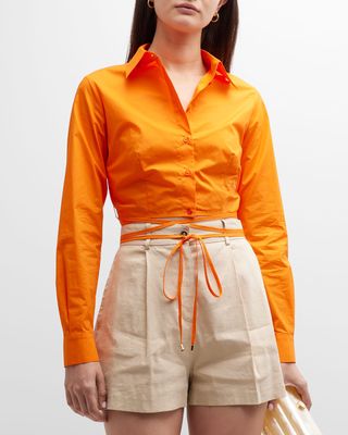 Wraparound-Tie Cropped Cotton Poplin Shirt