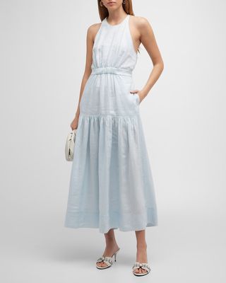 Wrenley Linen High-Neck Drop-Waist Maxi Dress