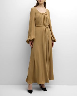 x Atelier Jolie Scoop-Neck Long-Sleeve Belted Silk Maxi Dress