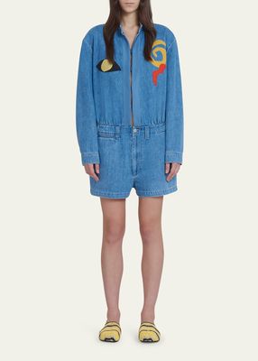 x No Vacancy Inn Abstract Embroidered Denim Short Jumpsuit