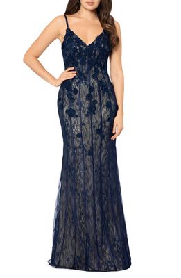 Xscape 3D Floral Lace Trumpet Gown in Navy/Champagne