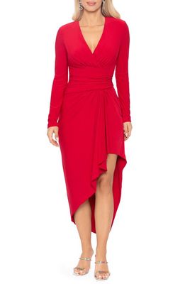 Xscape Asymmetric Long Sleeve V-Neck Wrap Midi Dress in Red