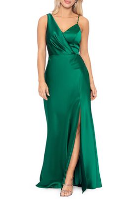 Xscape Asymmetric Rhinestone Strap Faux Wrap Satin Gown in Emerald