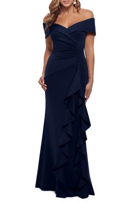 Xscape Ava Off the Shoulder Side Ruffle Evening Gown in Midnight