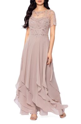 Xscape Beaded Asymmetric Ruffle Gown in Taupe