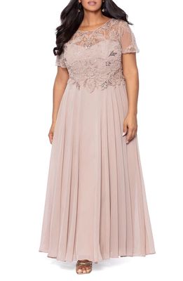 Xscape Beaded Chiffon A-Line Gown in Taupe