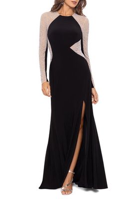 Xscape Beaded Colorblock Long Sleeve Gown in Black/Nude/Silver