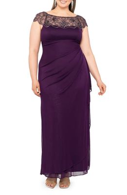 Xscape Beaded Neck Ruched Cap Sleeve Gown in Plum