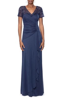 Xscape Beaded Short Sleeve Ruched Gown in Charcoal