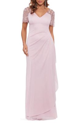 Xscape Beaded Sleeve Ruched Column Gown in Rose