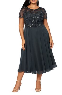Xscape Beaded Top Chiffon Midi Cocktail Dress in Charcoal
