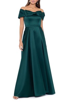 Xscape Bow Front Off the Shoulder Satin Ballgown in Hunter