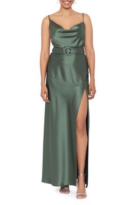 Xscape Cowl Neck Belted Satin Cocktail Dress in Olive