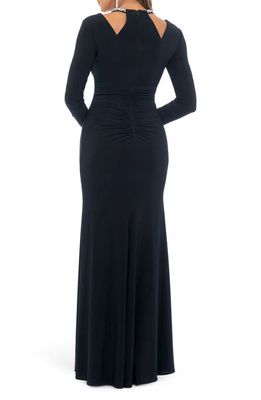 Xscape Crystal Trim Long Sleeve Gown in Navy