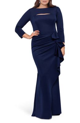 Xscape Cutout Wrap Skirt Long Sleeve Scuba Crepe Gown in Midnight