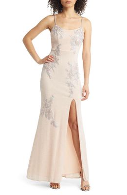 Xscape Embellished & Embroidered Gown in Blush/Silver