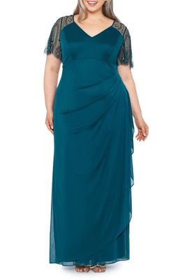 Xscape Embellished Chiffon Column Gown in Neo Emerald