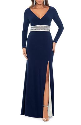 Xscape Embellished Long Sleeve Gown in Navy