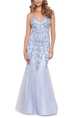 Xscape Embellished Mesh Mermaid Gown in Grey/Blue