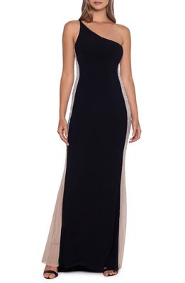 Xscape Embellished One Shoulder Evening Gown in Black/nude/silver