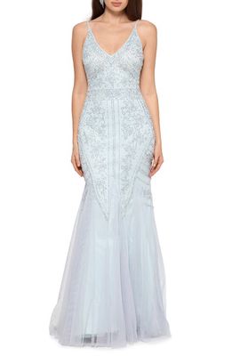 Xscape Embellished Tulle Gown in Grey/Blue