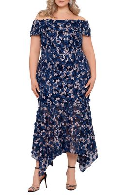 Xscape Embroidered Off the Shoulder Handkerchief Hem Dress in Blue/Multi
