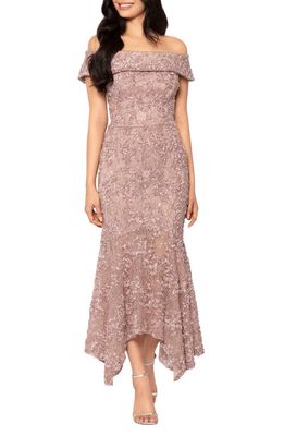 Xscape Embroidered Off the Shoulder Midi Cocktail Dress in Taupe