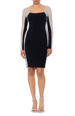 Xscape Farj Beaded Long Sleeve Body-Con Dress in Black Nude Silver