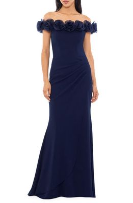 Xscape Floral Appliqué Off the Shoulder Gown in Navy