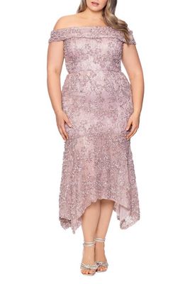 Xscape Floral Soutache Off the Shoulder Gown in Taupe