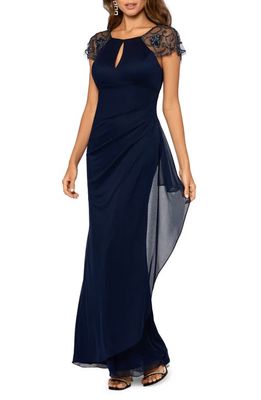 Xscape Keyhole Beaded Cap Sleeve Gown in Navy