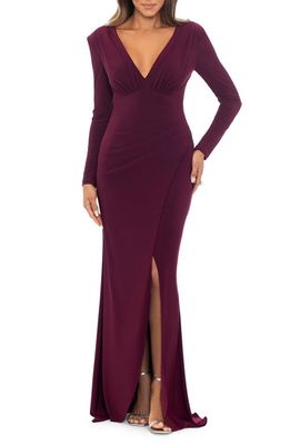 Xscape Long Sleeve Plunge Neck Gown in Wine