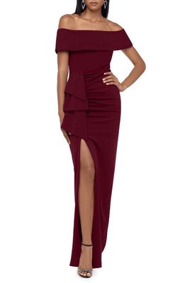 Xscape Off the Shoulder Crepe Evening Gown in Burgundy