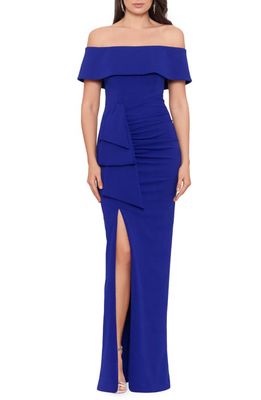 Xscape Off the Shoulder Crepe Evening Gown in Marine