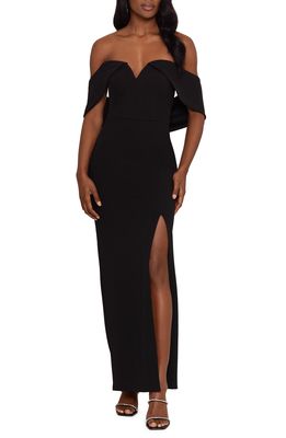 Xscape Off the Shoulder Drape Back Scuba Crepe Gown in Black