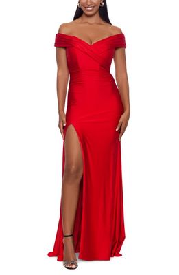 Xscape Off the Shoulder Jersey Column Gown in Red