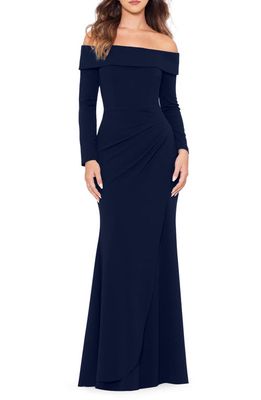 Xscape Off the Shoulder Long Sleeve Scuba Trumpet Gown in Navy