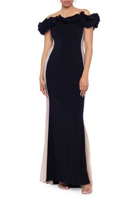 Xscape Off the Shoulder Mesh Contrast Gown in Black/Silver