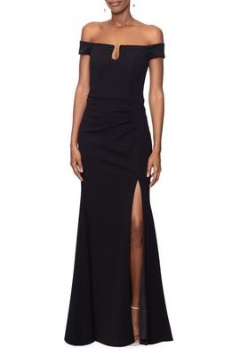 Xscape Off the Shoulder Notch Neck Crepe Gown in Black