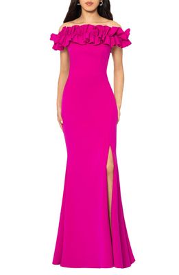 Xscape Off the Shoulder Ruffle Crepe Trumpet Gown in New Fuchsia