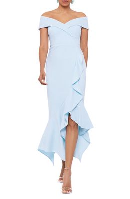 Xscape Off the Shoulder Ruffle Hem Crepe Gown in Aqua