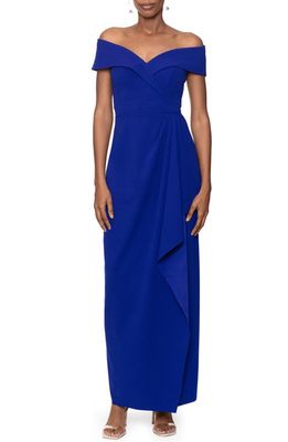 Xscape Off the Shoulder Scuba Evening Gown in Marine