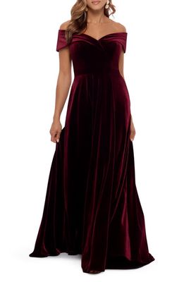 Xscape Off the Shoulder Velvet Gown in Burgundy