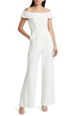 Xscape Off the Shoulder Wide Leg Jumpsuit in Ivory