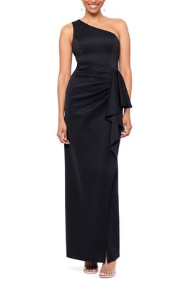 Xscape One-Shoulder Ruffle Scuba Crepe Gown in Black