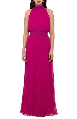 Xscape Pleated Mock Neck Chiffon Gown in Orchid
