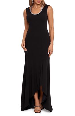 Xscape Rhinestone Detail Shoulder Cutout Scuba Gown in Black