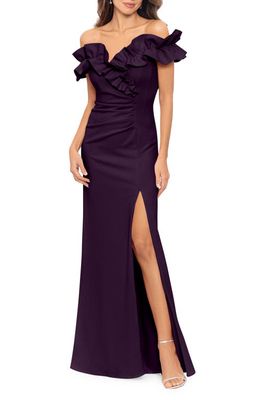 Xscape Ruched Ruffle Scuba Gown in Mulberry